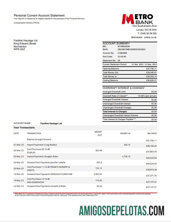 Extrato bancário realista do Metro Bank do Reino Unido modelo Excel e PDF, 4 páginas